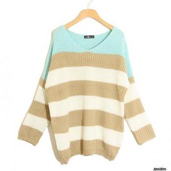 Stripe Matching Color Loose Long Sleeve Sweater on Luulla